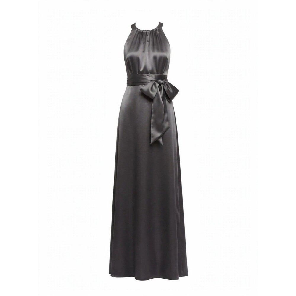 Vera Wang Maids 8 Gunmetal Charcoal Satin Halter Maxi Bow Dress